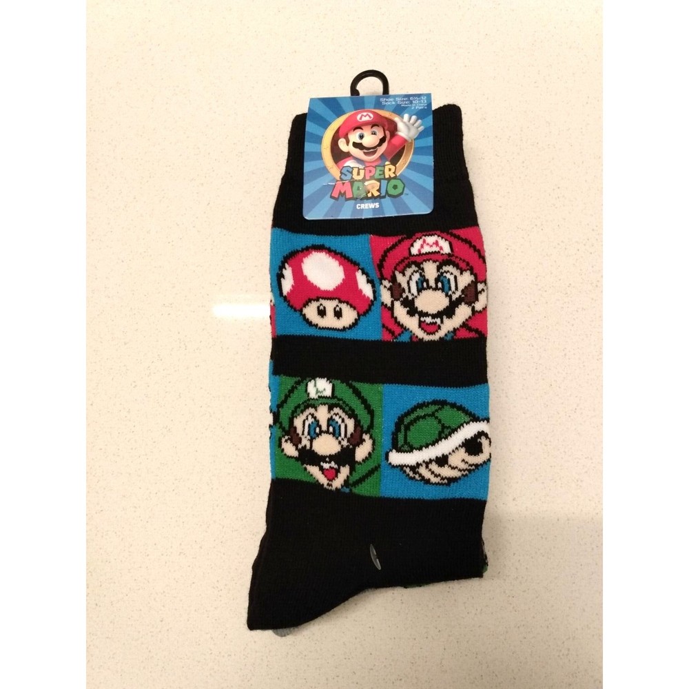 Super Mario Luigi Black Gray Crew Novelty Gamer Socks Shoe Size 6.5-12 2 Pair